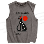 Unisex Bauhaus Cat Printed Washed Tank Top