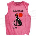 Unisex Bauhaus Cat Printed Washed Tank Top