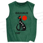 Unisex Bauhaus Cat Printed Washed Tank Top