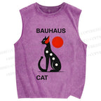 Unisex Bauhaus Cat Printed Washed Tank Top