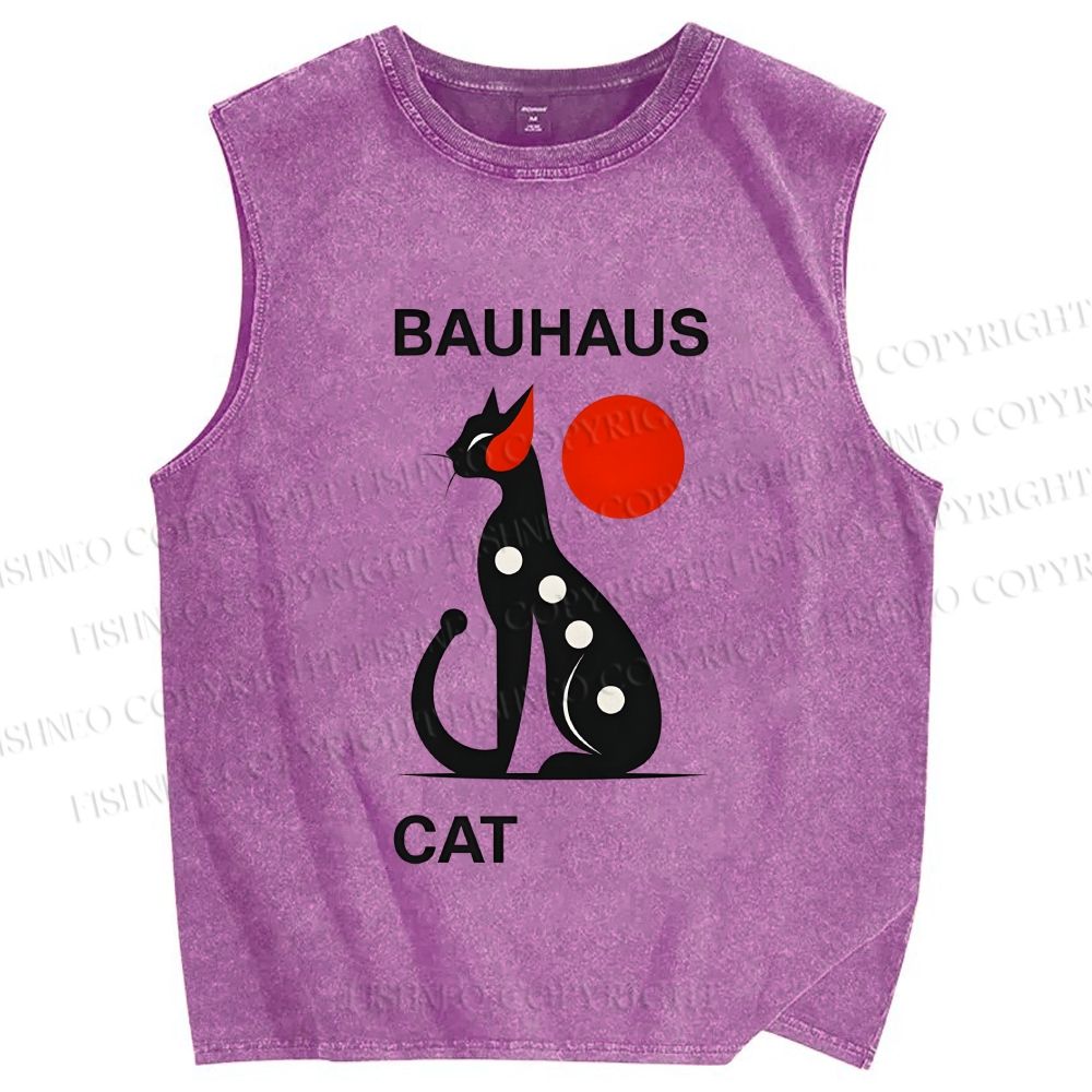 Unisex Bauhaus Cat Printed Washed Tank Top
