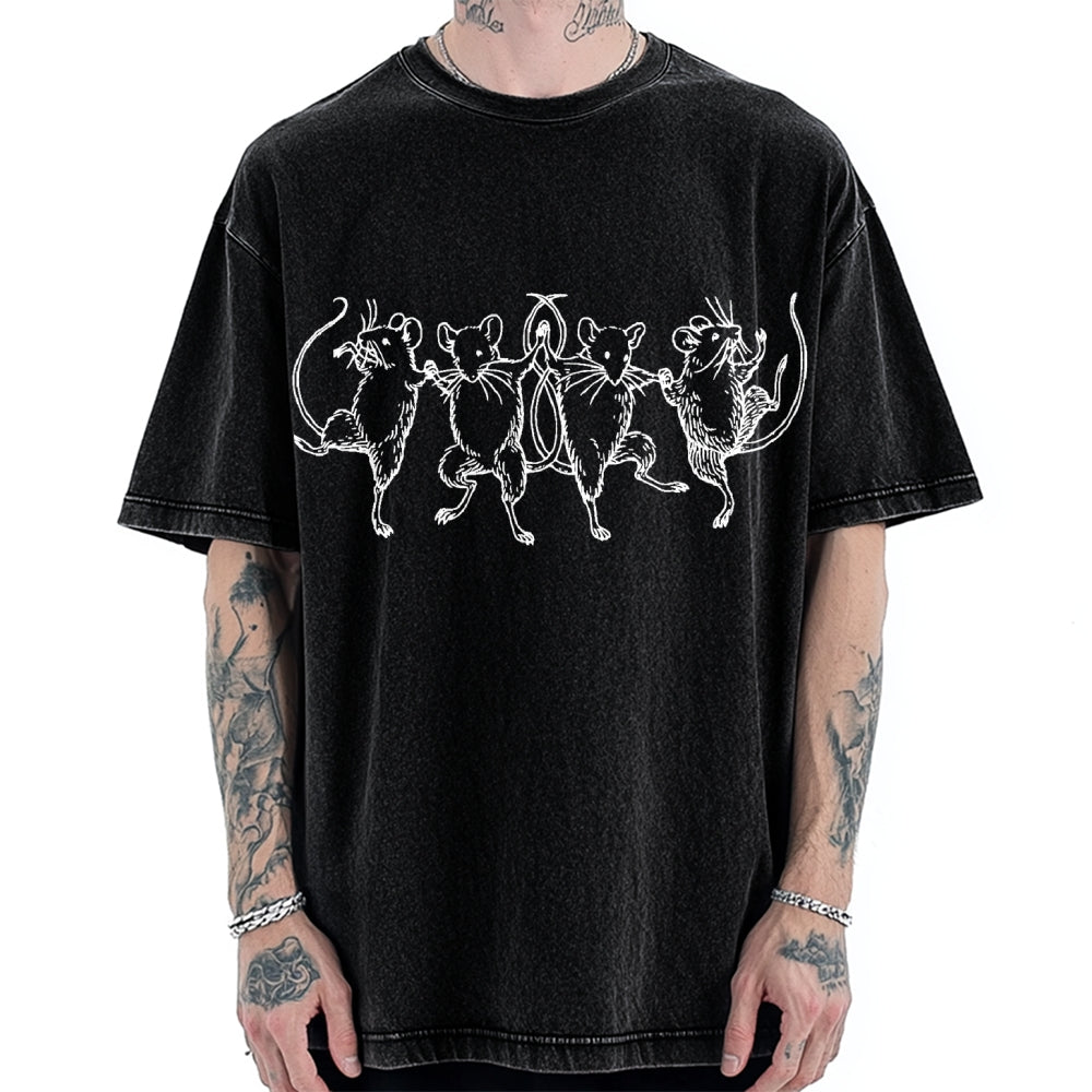 Unisex Dancing Rats Printed Washed Tee