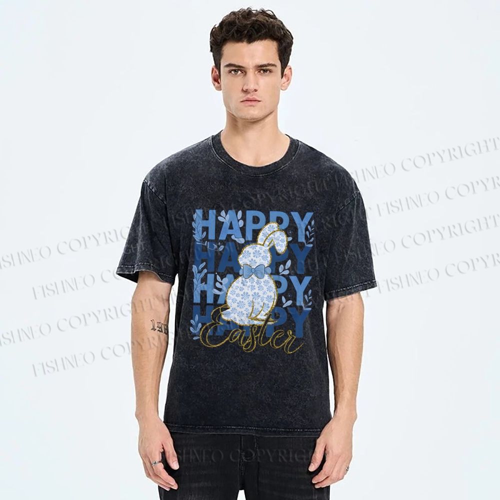 Unisex Happy Easter Floral Bunny Printed Washed Tee
