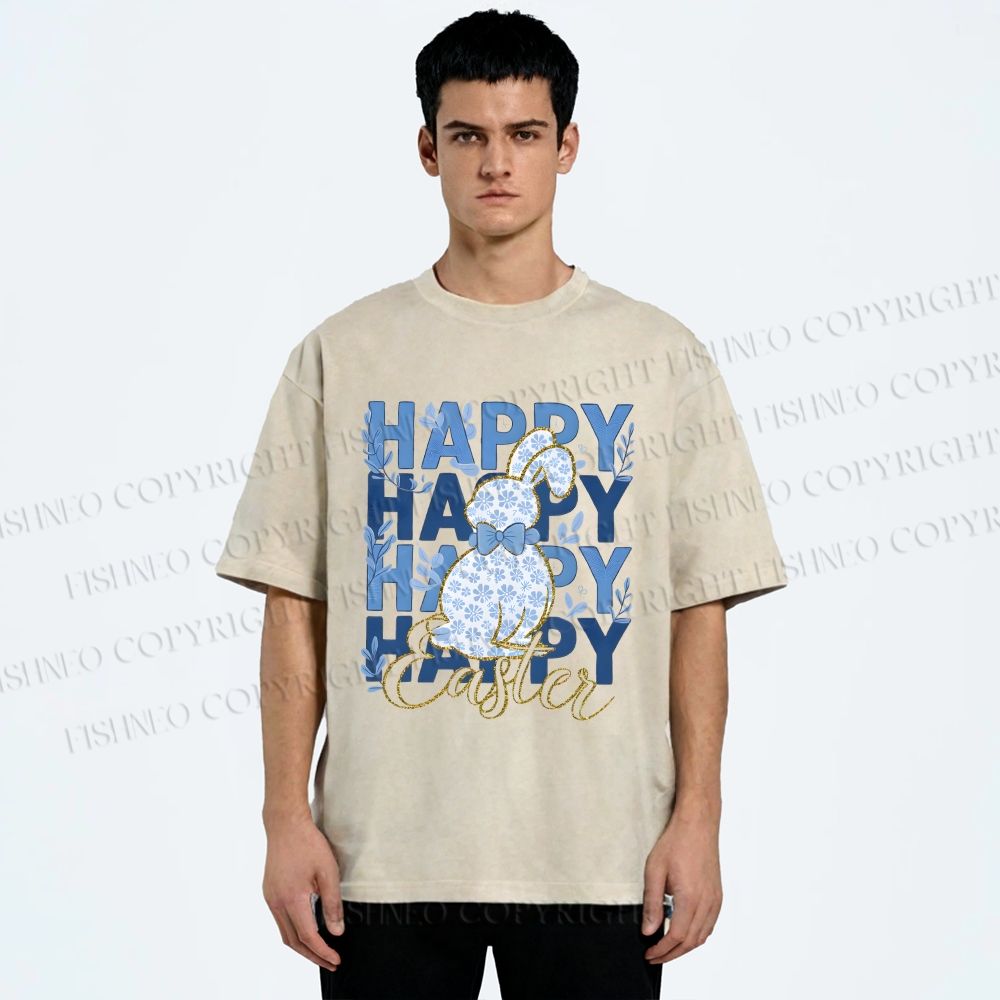 Unisex Happy Easter Floral Bunny Printed Washed Tee