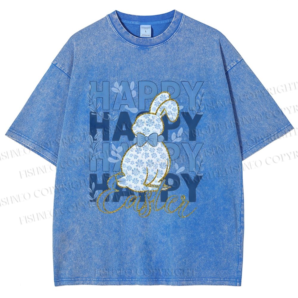 Unisex Happy Easter Floral Bunny Printed Washed Tee