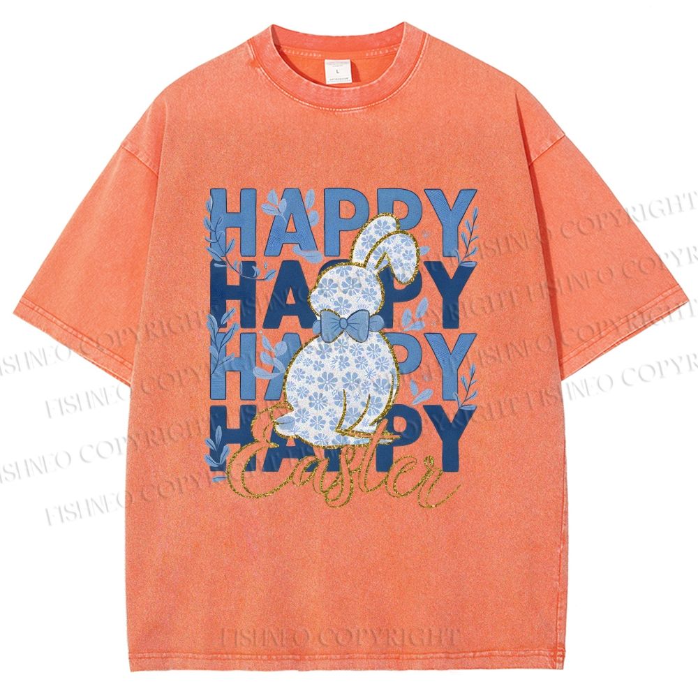 Unisex Happy Easter Floral Bunny Printed Washed Tee