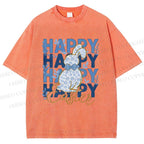 Unisex Happy Easter Floral Bunny Printed Washed Tee