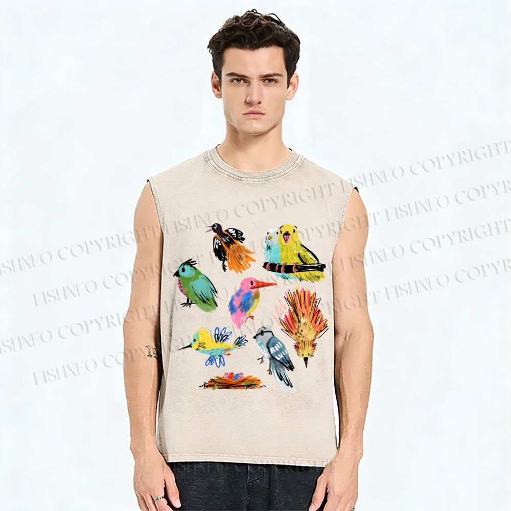 Unisex Multicolor Birds Printed Washed Tank Top