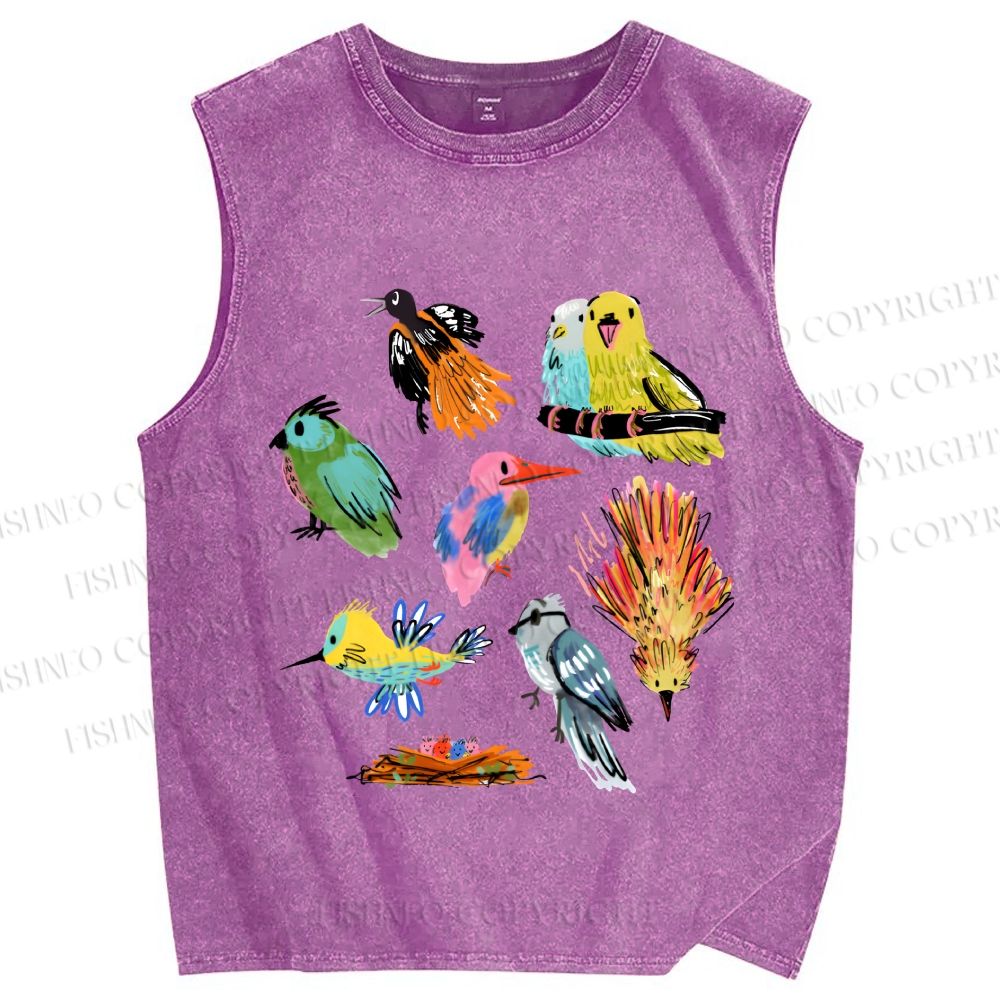 Unisex Multicolor Birds Printed Washed Tank Top
