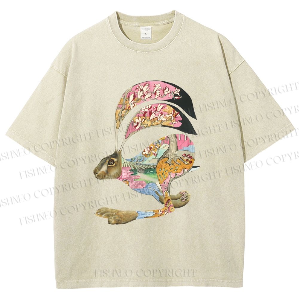 Unisex Floral Patchwork Hare Printed Washed Tee