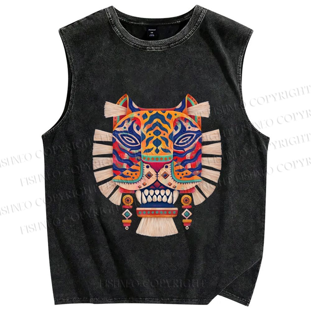 Unisex Embroidered Ethnic Style Tiger Printed Washed Tank Top