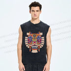 Unisex Embroidered Ethnic Style Tiger Printed Washed Tank Top