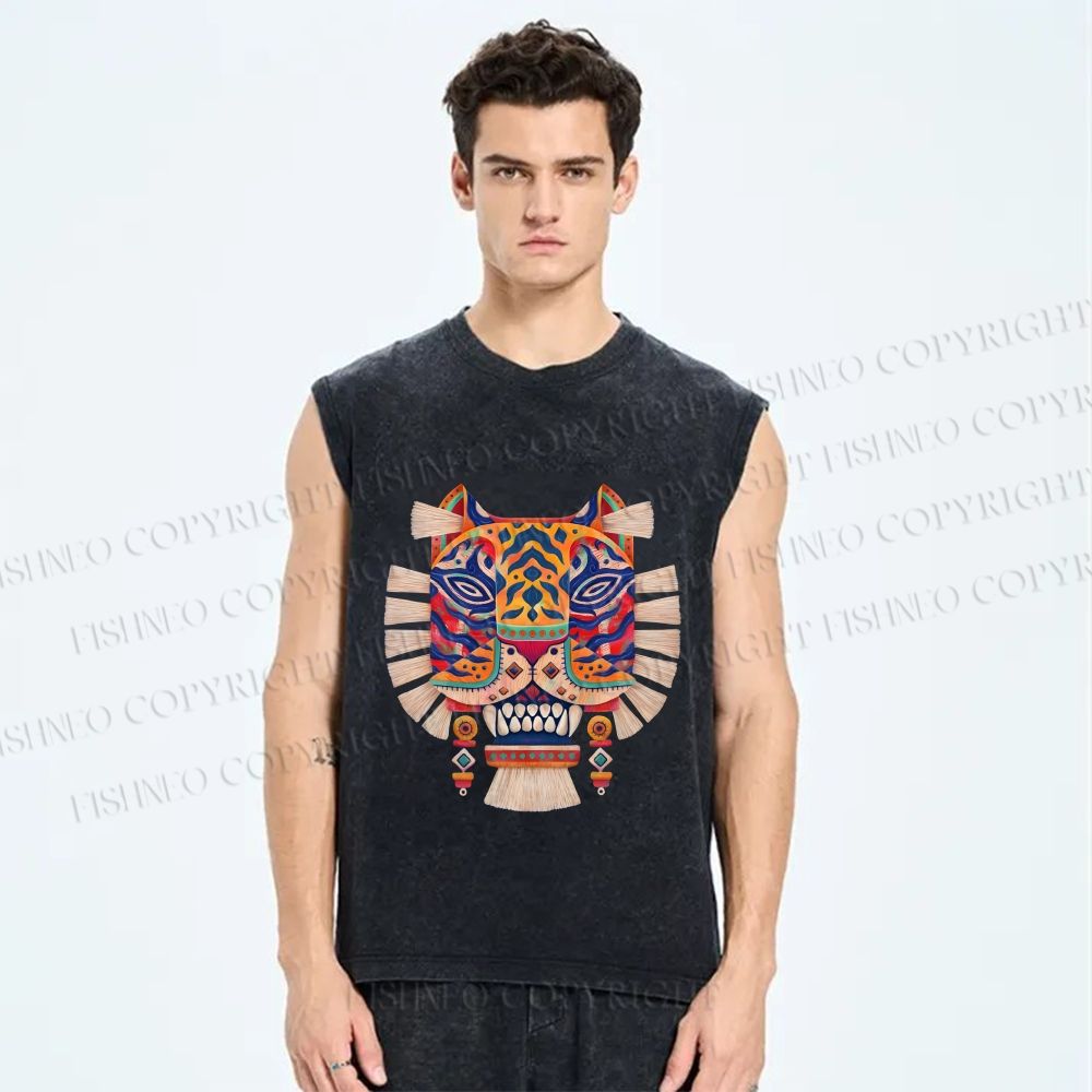 Unisex Embroidered Ethnic Style Tiger Printed Washed Tank Top