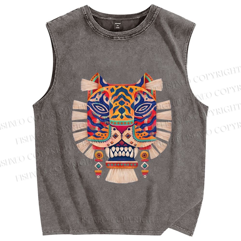 Unisex Embroidered Ethnic Style Tiger Printed Washed Tank Top