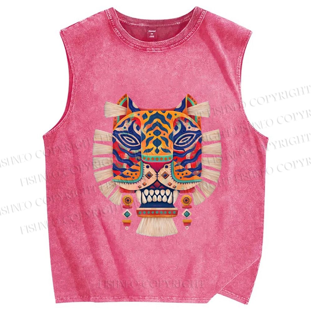 Unisex Embroidered Ethnic Style Tiger Printed Washed Tank Top