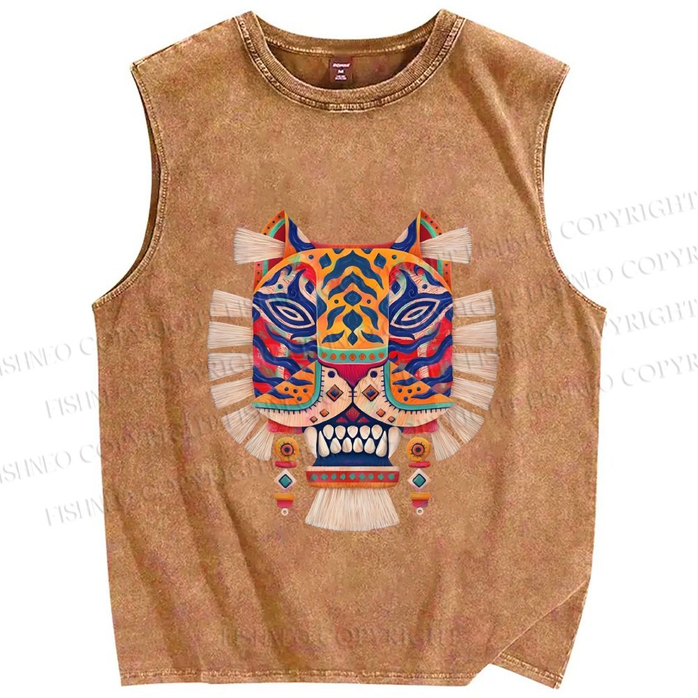 Unisex Embroidered Ethnic Style Tiger Printed Washed Tank Top