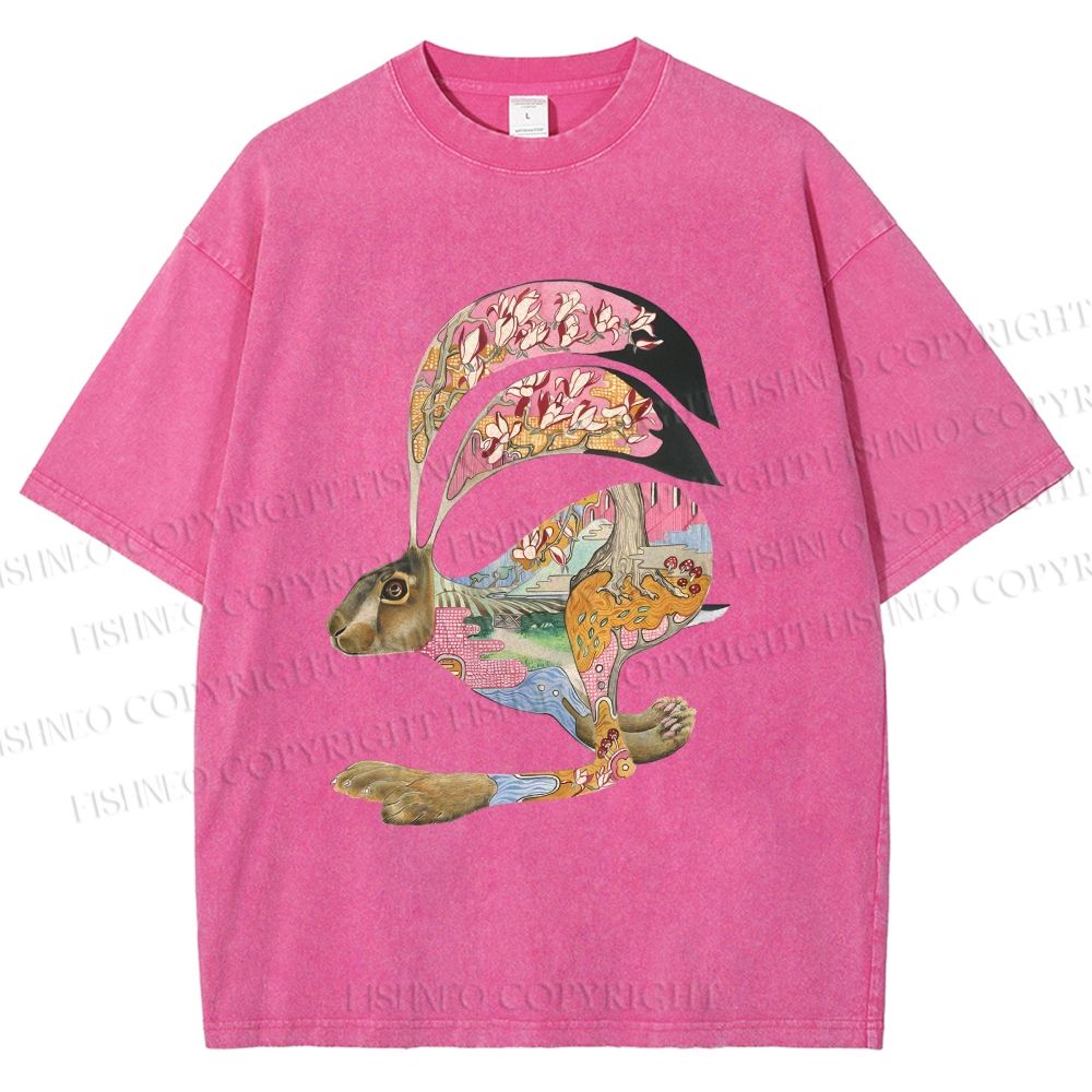 Unisex Floral Patchwork Hare Printed Washed Tee