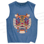 Unisex Embroidered Ethnic Style Tiger Printed Washed Tank Top