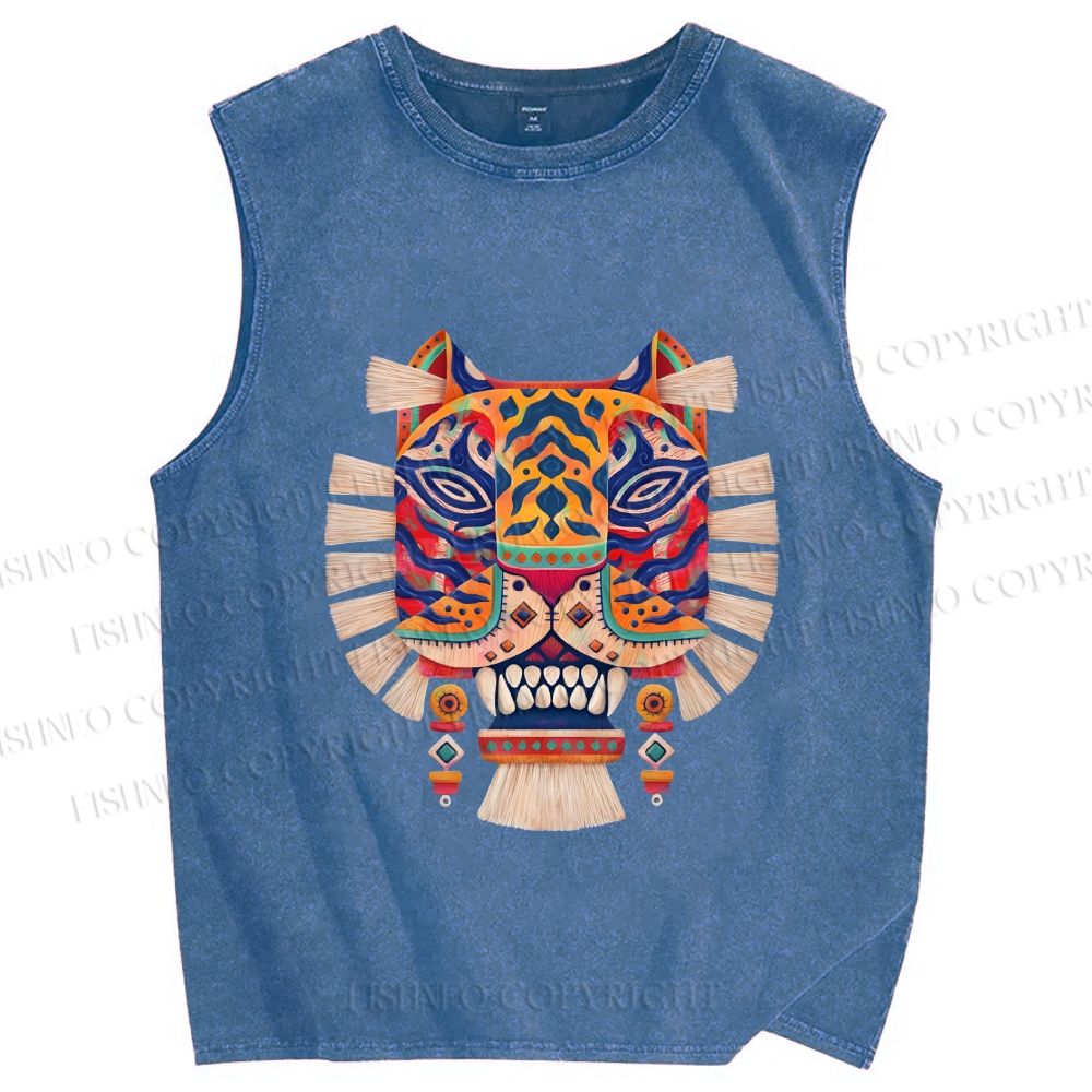Unisex Embroidered Ethnic Style Tiger Printed Washed Tank Top
