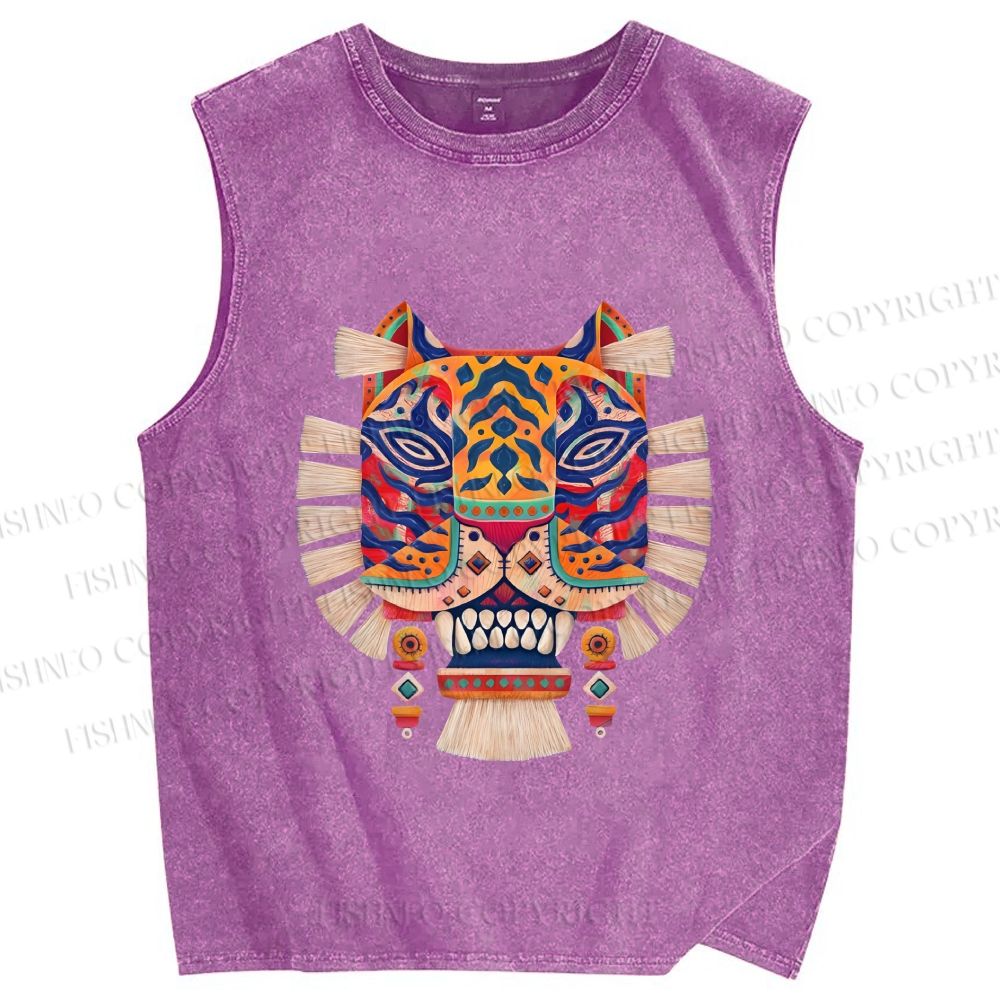 Unisex Embroidered Ethnic Style Tiger Printed Washed Tank Top
