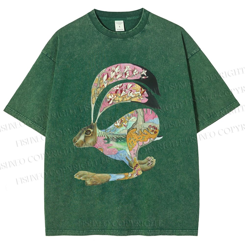 Unisex Floral Patchwork Hare Printed Washed Tee