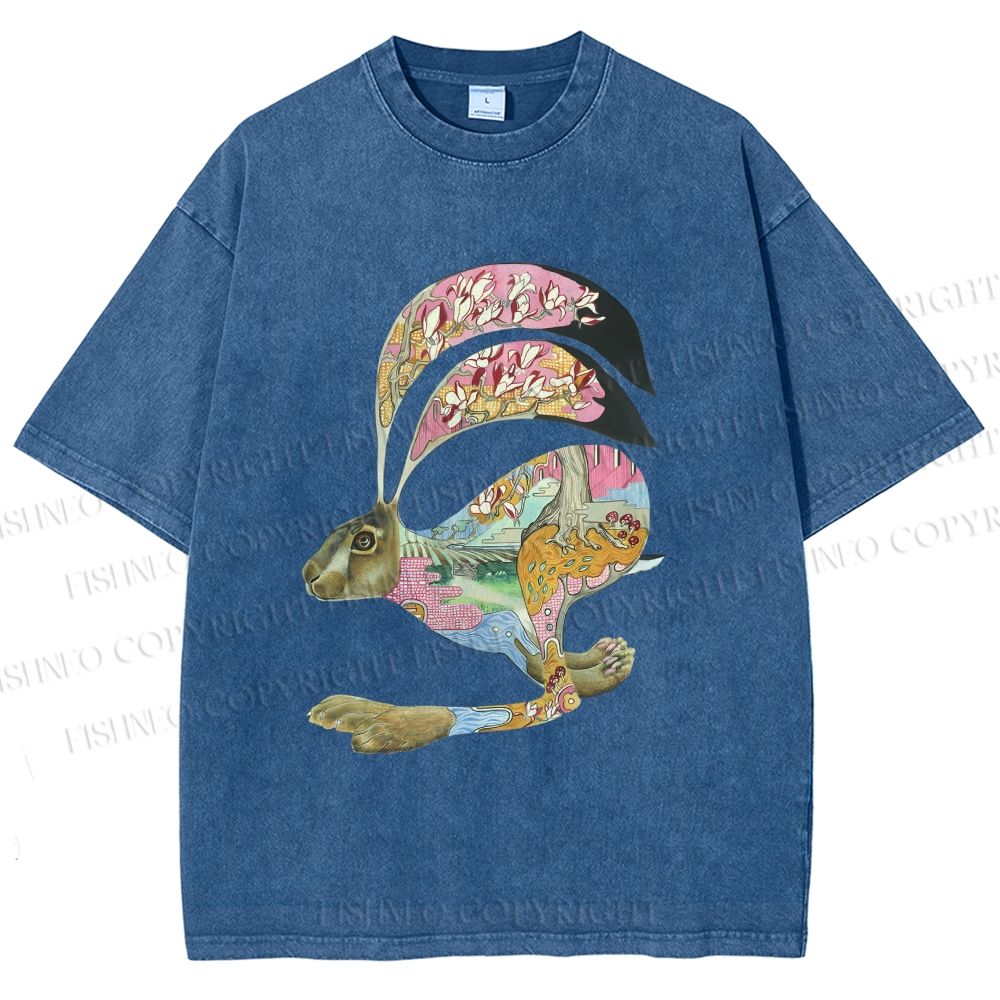 Unisex Floral Patchwork Hare Printed Washed Tee