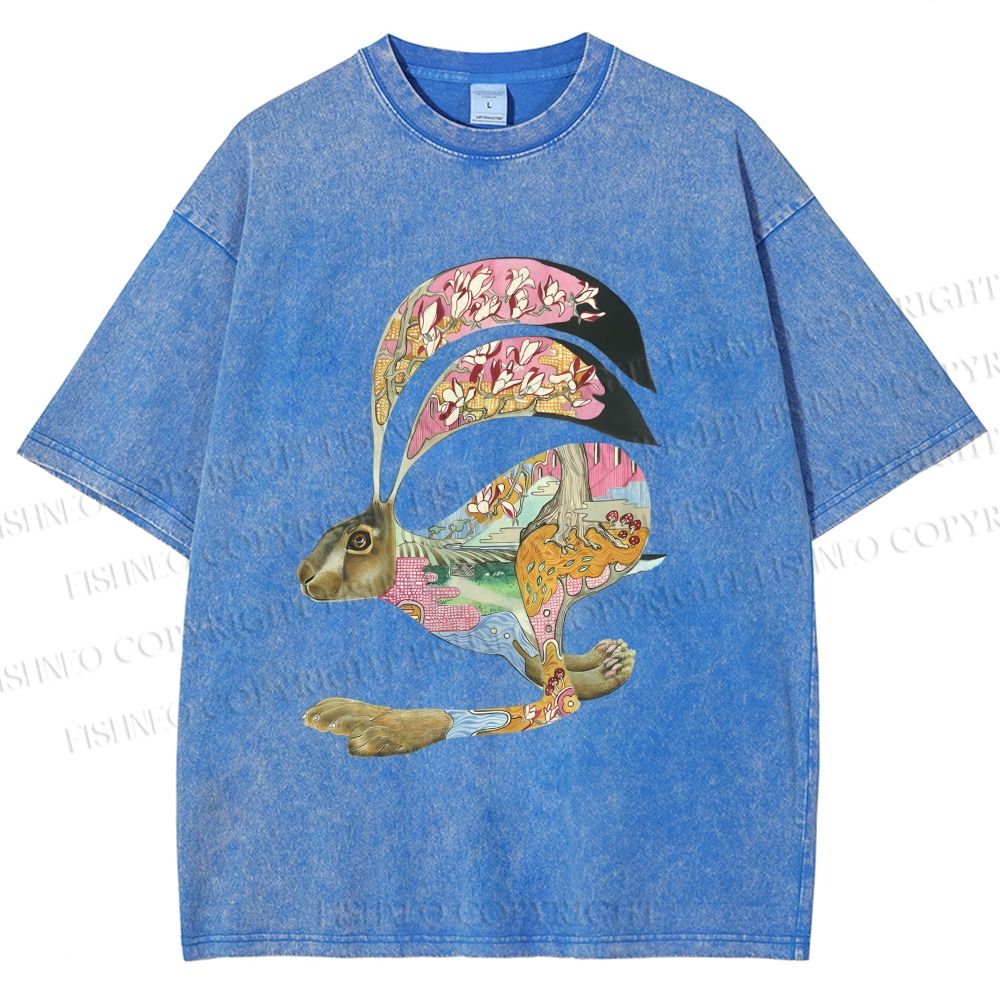 Unisex Floral Patchwork Hare Printed Washed Tee