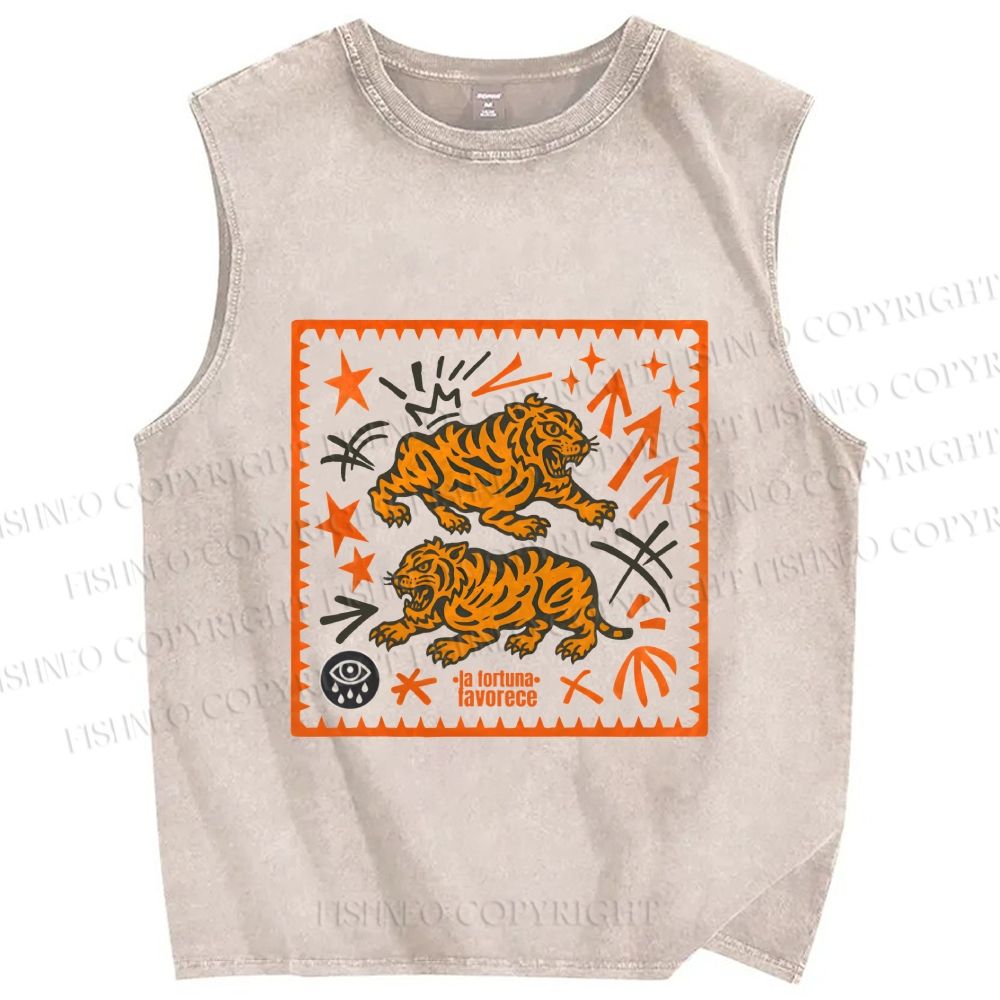 Unisex Vintage Tigers Printed Washed Tank Top