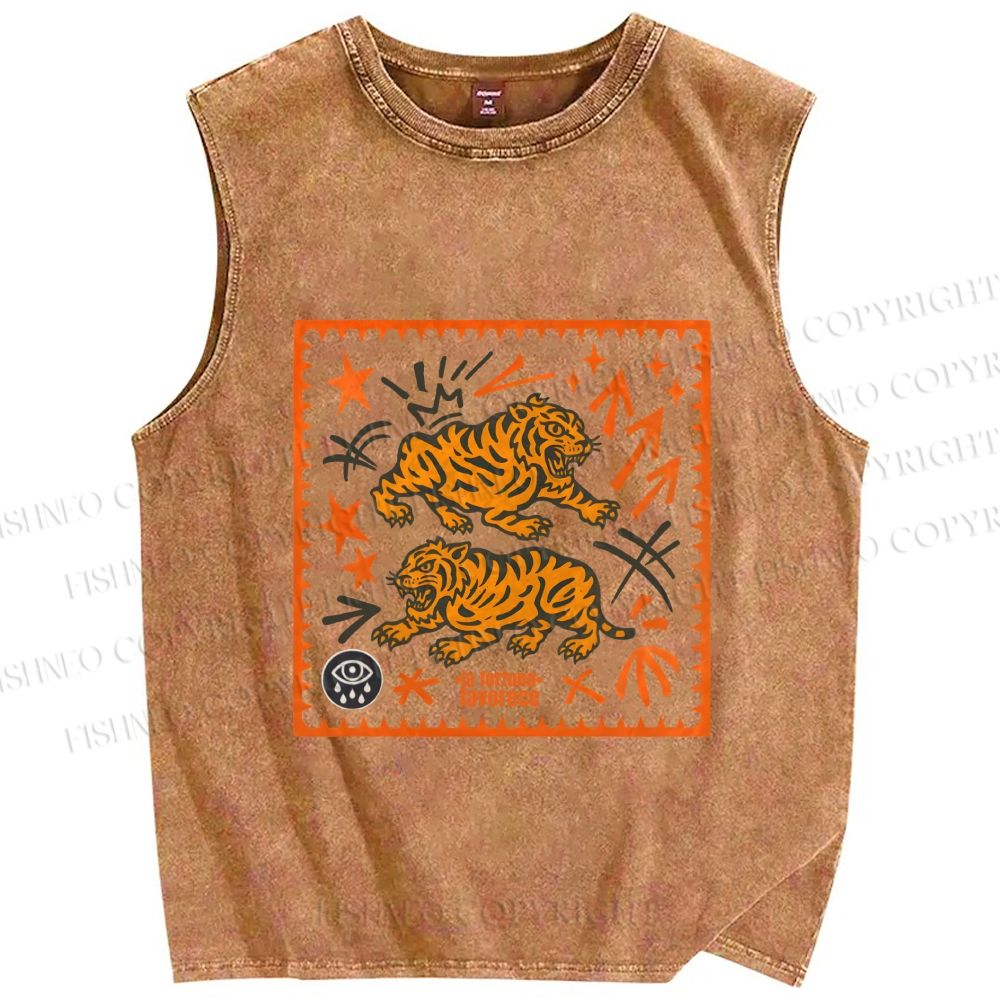 Unisex Vintage Tigers Printed Washed Tank Top