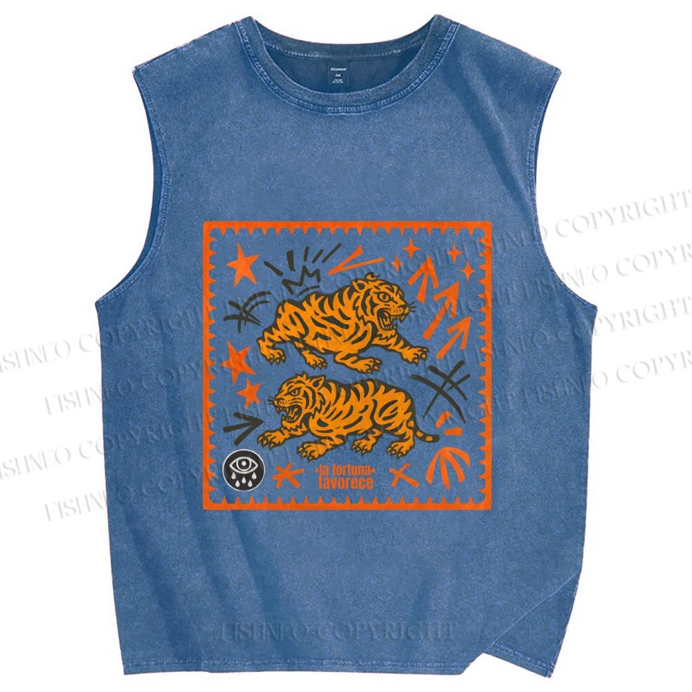 Unisex Vintage Tigers Printed Washed Tank Top