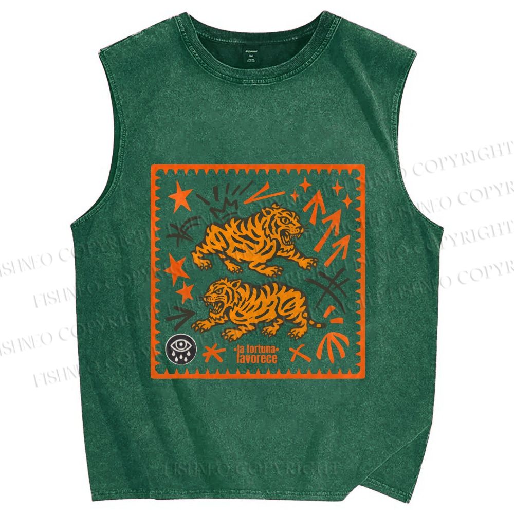 Unisex Vintage Tigers Printed Washed Tank Top