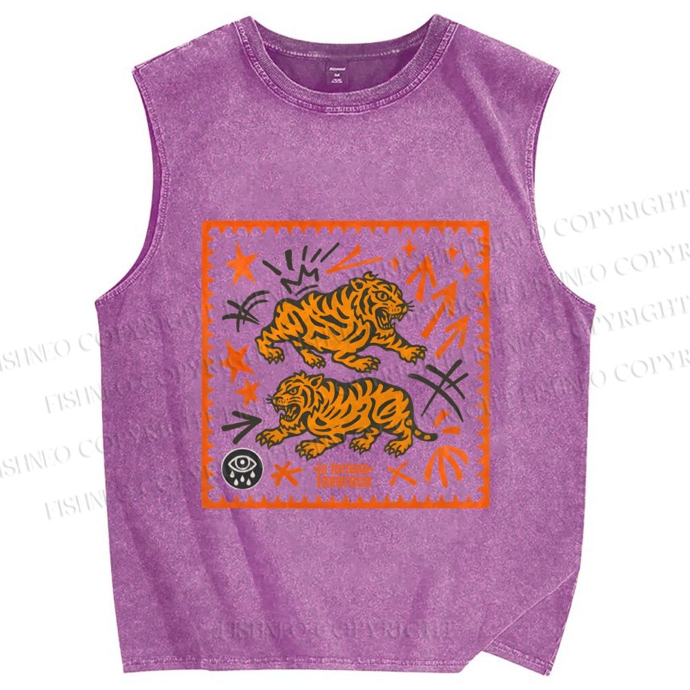 Unisex Vintage Tigers Printed Washed Tank Top