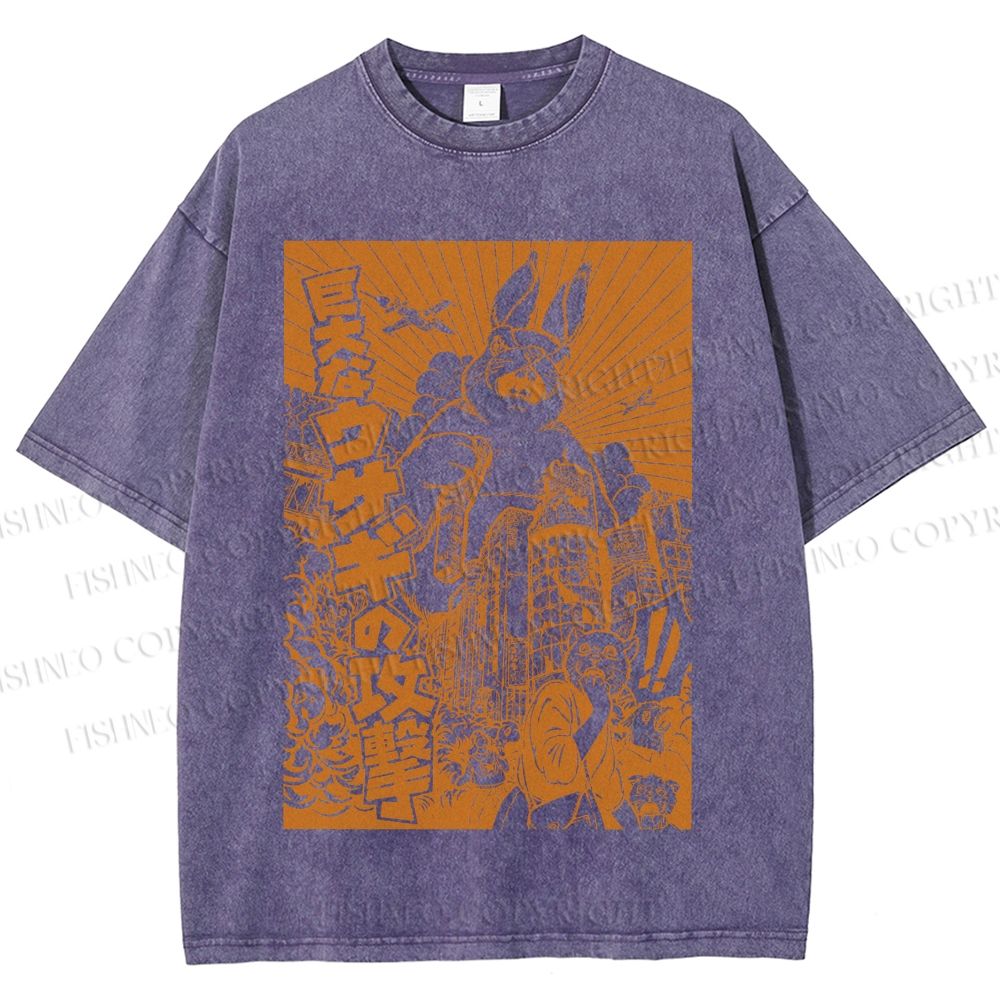 Unisex Giant Rabbit Attack Printed Washed Tee