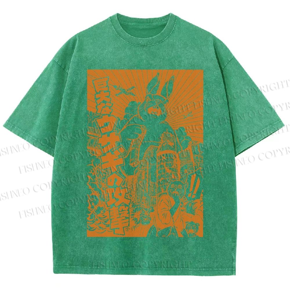 Unisex Giant Rabbit Attack Printed Washed Tee
