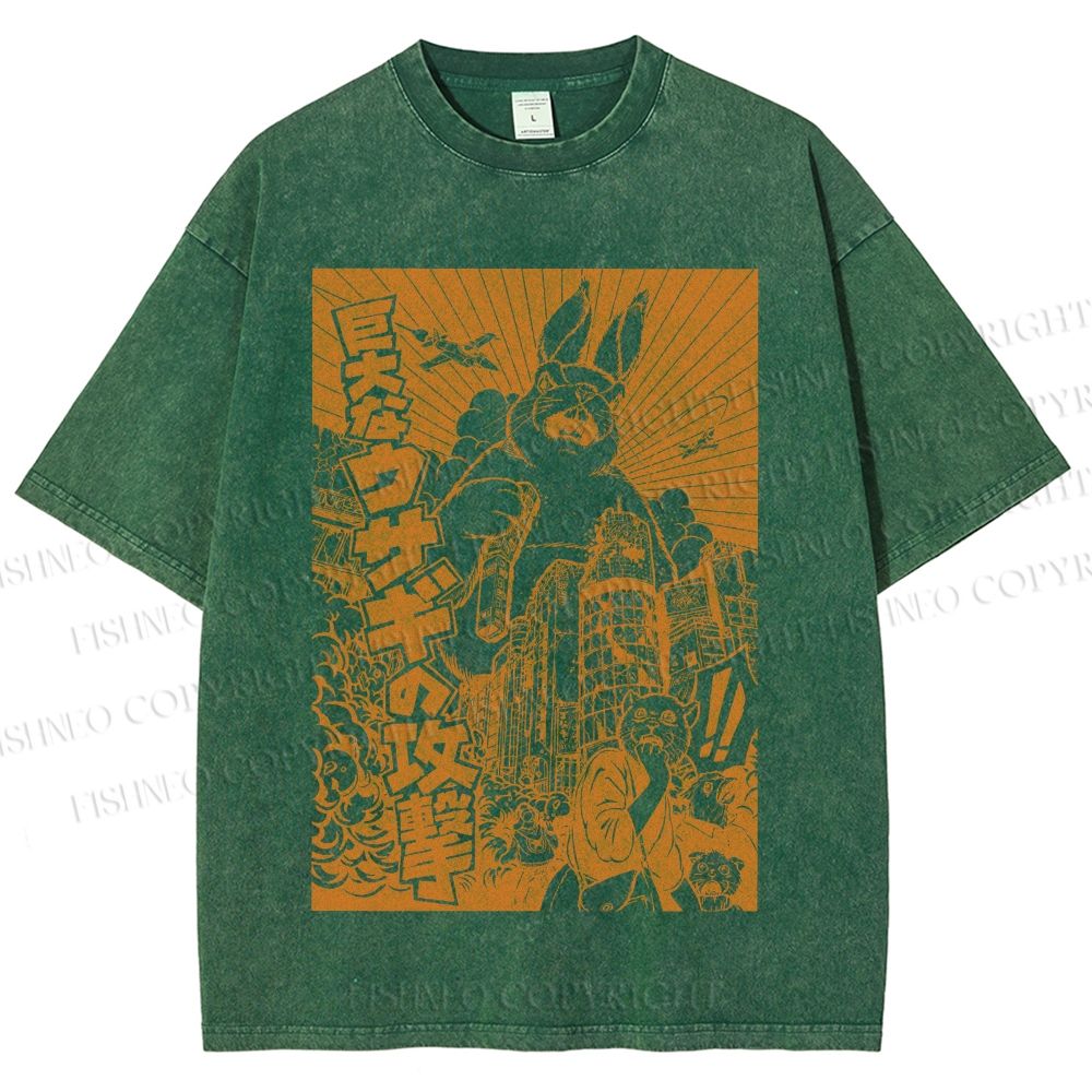 Unisex Giant Rabbit Attack Printed Washed Tee