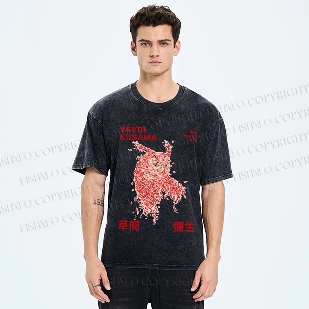 Unisex Yayoi Kusama Owl With Dots Printed Washed Tee