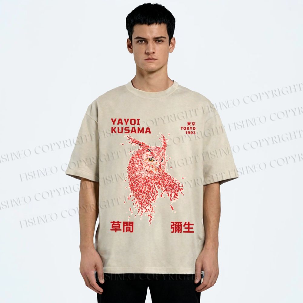 Unisex Yayoi Kusama Owl With Dots Printed Washed Tee