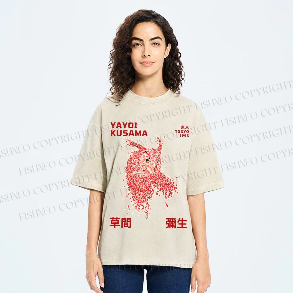 Unisex Yayoi Kusama Owl With Dots Printed Washed Tee