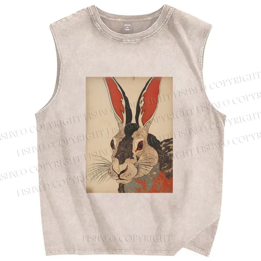 Unisex Vintage Japanese Rabbit Printed Washed Tank Top