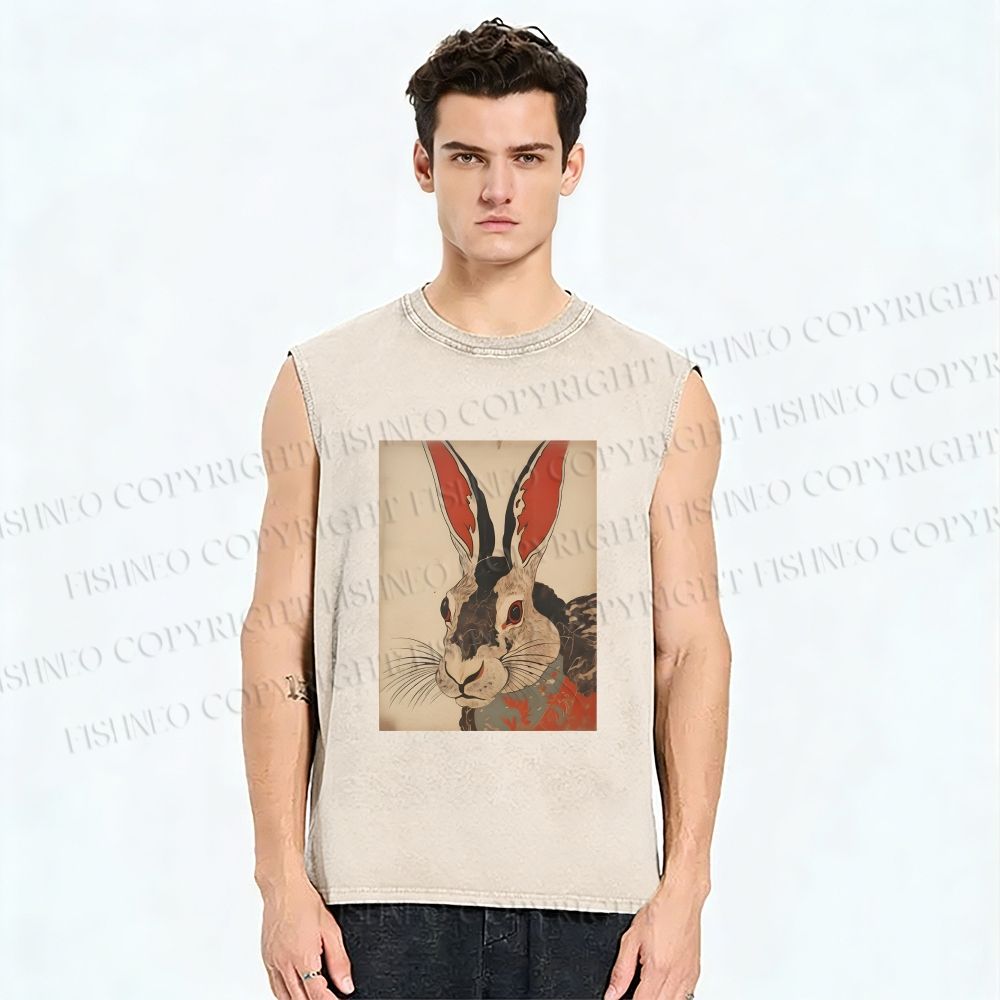 Unisex Vintage Japanese Rabbit Printed Washed Tank Top