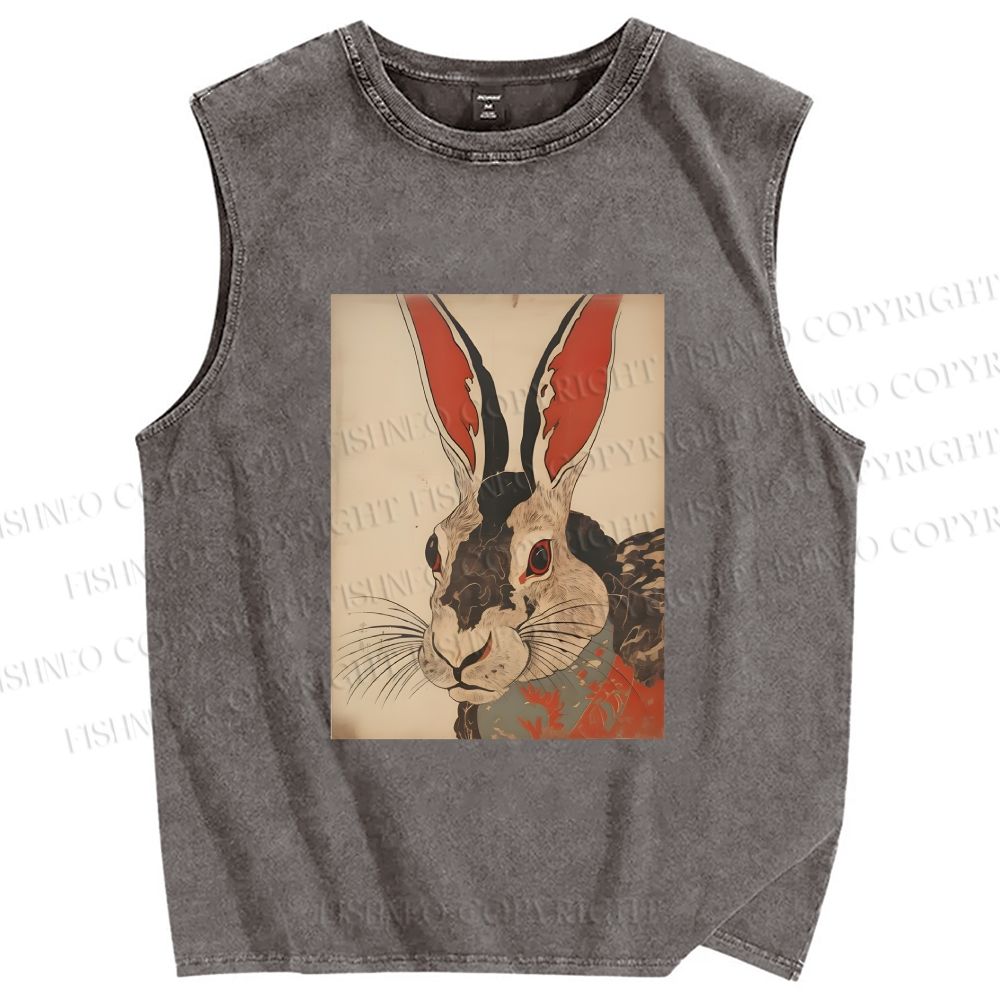 Unisex Vintage Japanese Rabbit Printed Washed Tank Top