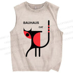 Unisex Bauhaus Cat Printed Washed Tank Top