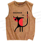Unisex Bauhaus Cat Printed Washed Tank Top