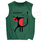 Unisex Bauhaus Cat Printed Washed Tank Top