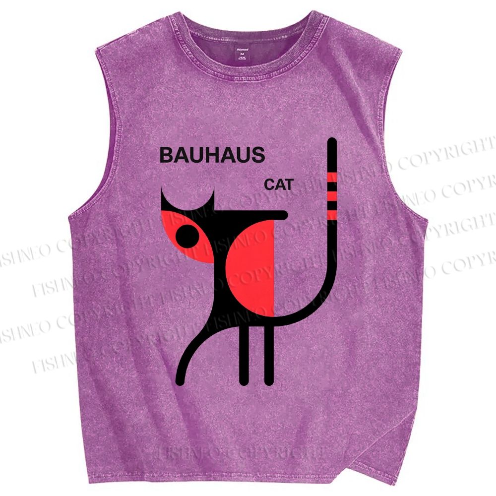 Unisex Bauhaus Cat Printed Washed Tank Top