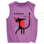 Unisex Bauhaus Cat Printed Washed Tank Top