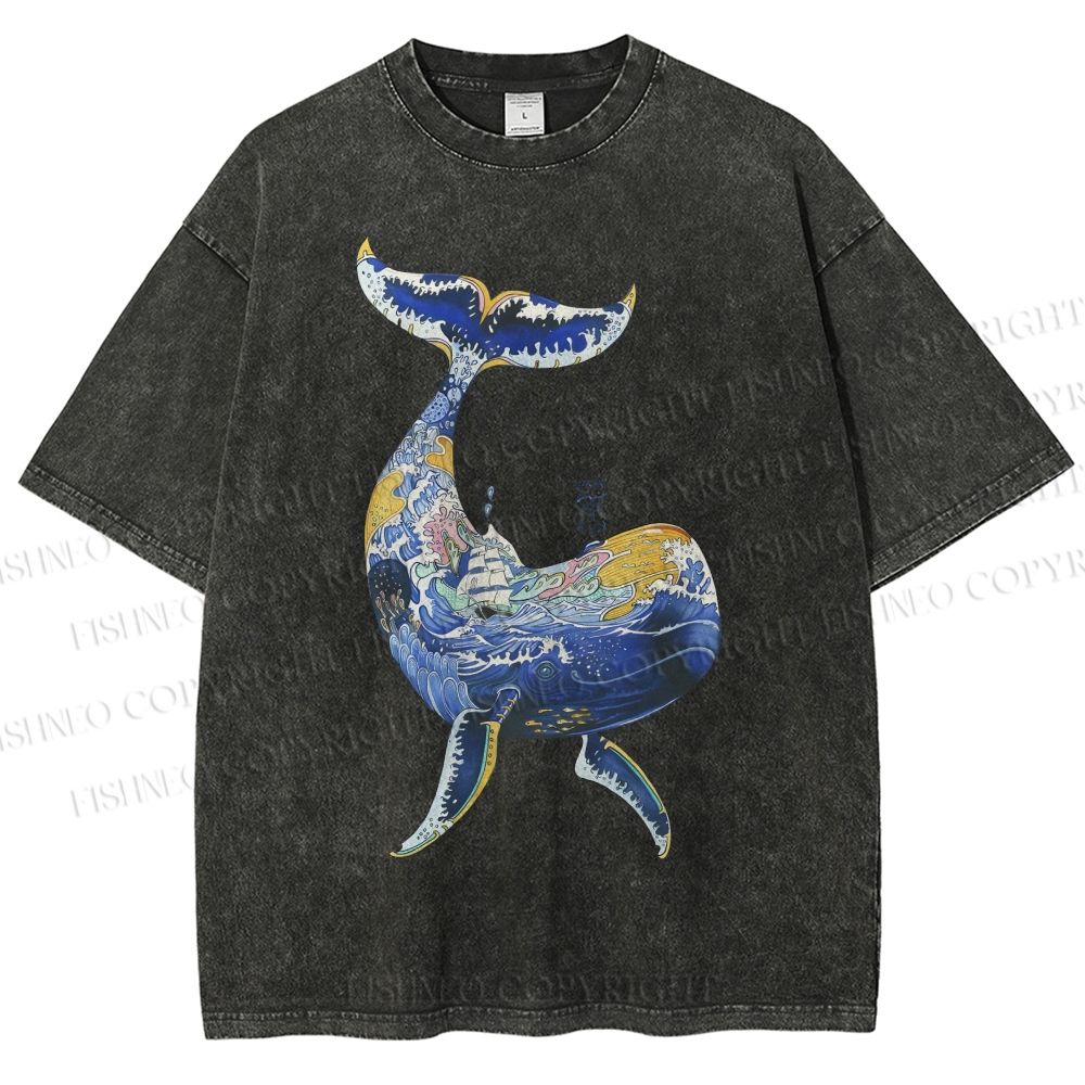 Unisex Artistic Cartoon Whale Printed Washed Tee
