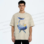 Unisex Artistic Cartoon Whale Printed Washed Tee