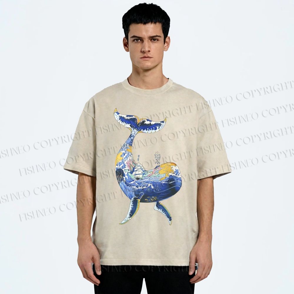 Unisex Artistic Cartoon Whale Printed Washed Tee