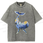 Unisex Artistic Cartoon Whale Printed Washed Tee